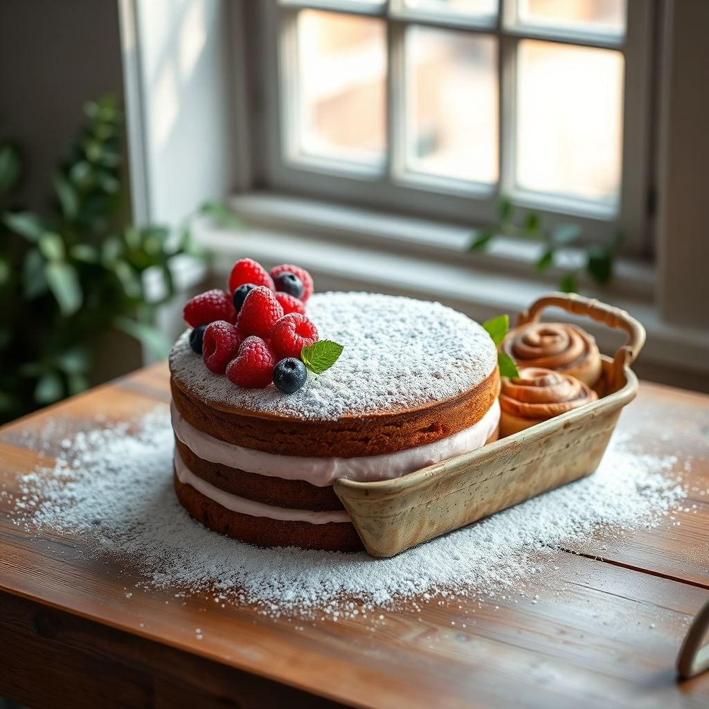 A stunning display of a cake adorned with fresh berries and dusted with powdered sugar sits elegant on a wooden table. The cake is surrounded by cinnamon buns in a rustic tray, all complemented by a soft, natural light streaming through a window. The background has hints of greenery for added freshness. A focus on textures and colors ensures visual appeal, with technical specs of 4K resolution to capture detail.