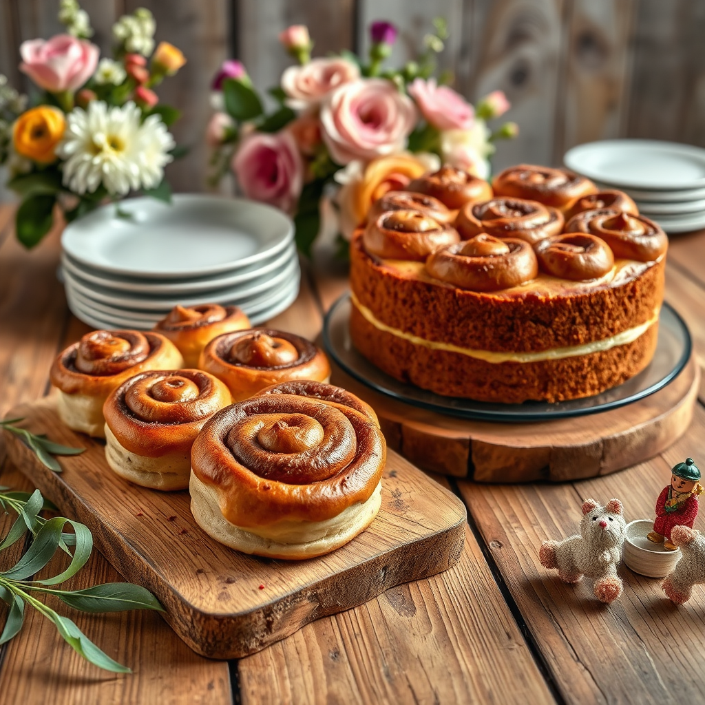 A stunning presentation of freshly baked cinnamon buns and a cake vibrantly displayed on a rustic wooden table. Decorative elements include a bouquet of flowers and beautifully arranged plates in the background. Soft lighting enhances the inviting atmosphere, showcasing the beauty of the baked goods. The image should be taken in 4K resolution, allowing for detail and texture to resonate.