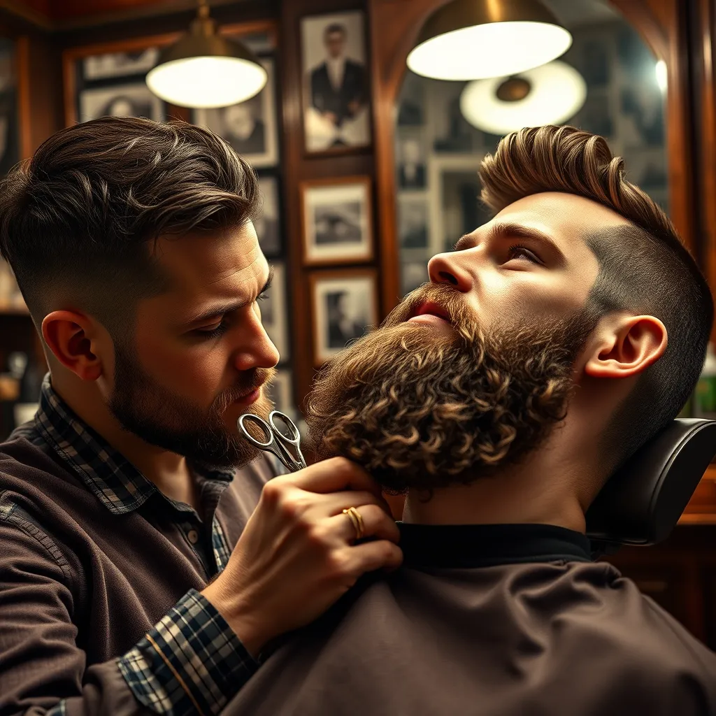 A stylish barber shop scene showcasing a skilled barber trimming a client's beard. The composition should feature the barber’s focused expression and the client's relaxed demeanor. Soft diffused lighting casts a warm glow over the scene, enhancing the natural textures of the beard and the sleek equipment. The color palette should consist of deep wood tones, warm golds, and lush greens, creating an inviting and sophisticated mood. The camera angle is slightly above eye level, providing a dynamic perspective that captures both the barber’s and client’s faces in close-up detail. Textures of metal scissors, a vintage barber chair, and a mirror reflecting the atmosphere embody high craftsmanship. Props include classic barber tools, grooming products, and a wall of vintage photos in the background. Style referenced in the image should echo the work of renowned photographer, Peter Lindbergh. Rendered in hyperrealistic 8K resolution with ultra-detailed clarity, emphasizing every strand of hair and intricate element of the environment.