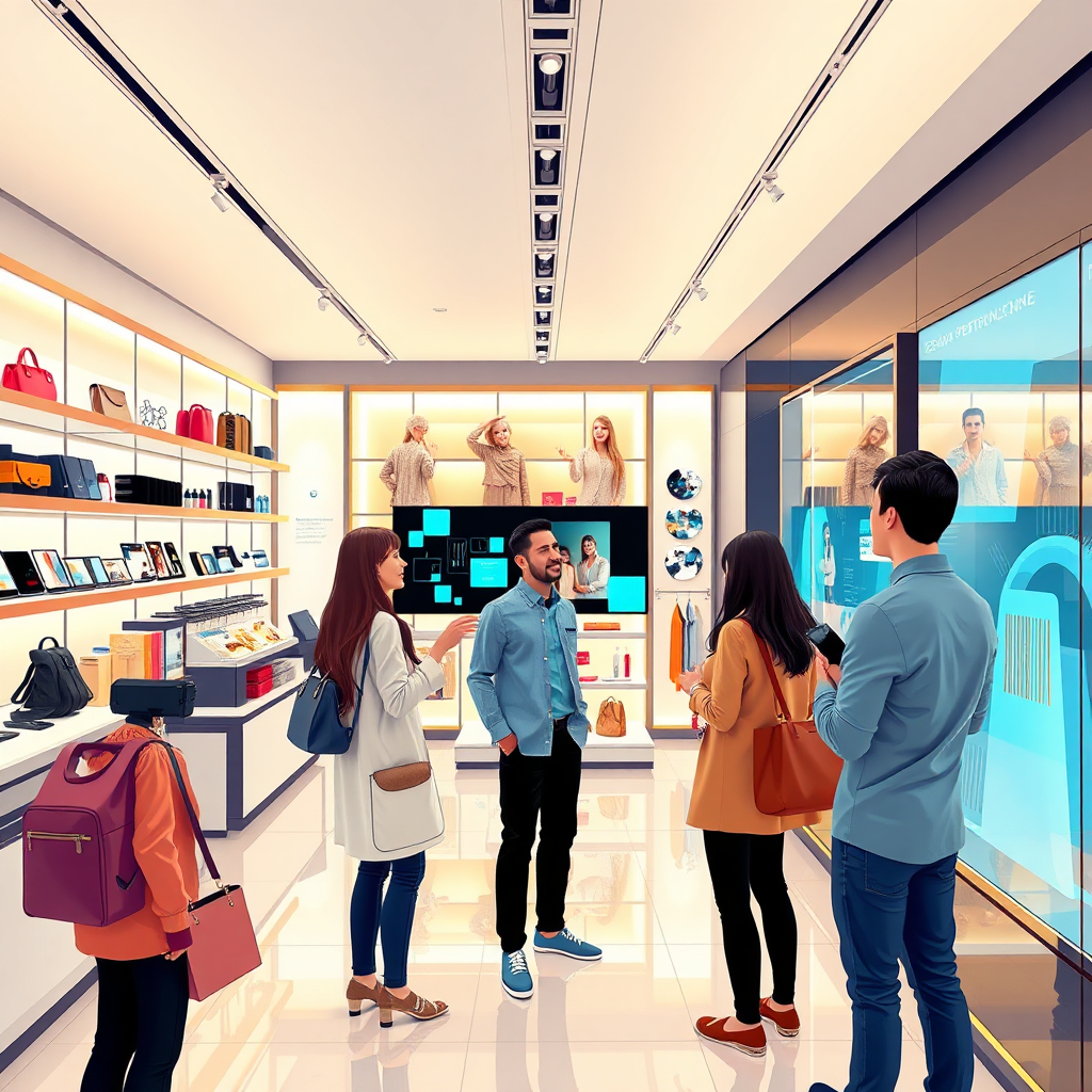 A stylish tech store where AI agents create personalized shopping experiences for customers through interactive screens. The store is bright and modern, featuring sleek shelves with tech products and displays showcasing personalized suggestions based on customers’ profiles. The camera angle should capture customers delightfully interacting with sophisticated AI displays. Strong, vibrant colors highlight an appealing, engaging atmosphere that captivates the viewers. Illustrated in high-quality resolution to emphasize both innovation and customer satisfaction.