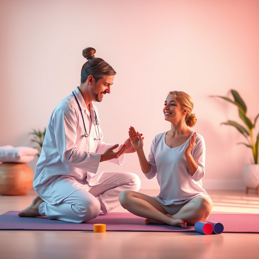 A stylized image depicting a holistic approach in physiotherapy, where the therapist and patient are engaging in a variety of treatments, including mindfulness exercises alongside traditional physiotherapy. The setting should convey harmony, utilizing soft lighting and a serene color palette of pastels. Props might include yoga mats and therapeutic tools. The environment should evoke calmness, aiding the sense of inclusivity and support. The style captures both realism and artistic flair. Technical specs: 4K resolution.