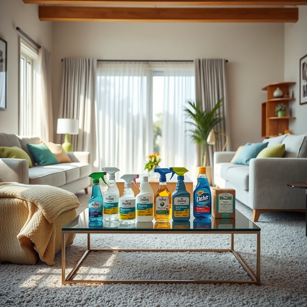 A stylized image of a bright and clean living room featuring a well-maintained carpet alongside furniture expertly arranged for comfort. The focus is on various cleaning products placed stylishly on a coffee table, showcasing their effectiveness. The light filters softly through the room, enhancing the freshness of the space. The color palette is cheerful and bright with accents of green and blue. Technical specs: 4K resolution, high quality.