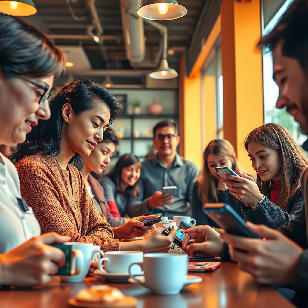 A stylized image portraying the integration of AI chatbot technology within everyday life. Visualize a group of people in a bustling cafe, all engaging with smart devices powered by voice bots. The scene features warm lighting and a vibrant color scheme with hints of blue to symbolize technology. Showcases a diversity of individuals, showcasing the universal appeal of AI technology. The environment is lively, with coffee cups and pastries creating a friendly atmosphere. The camera should angle low to capture both the bustling energy of the cafe and the calm efficiency of the chatbots interacting with patrons. The image should be 4K resolution, high quality to reflect clarity and focus.