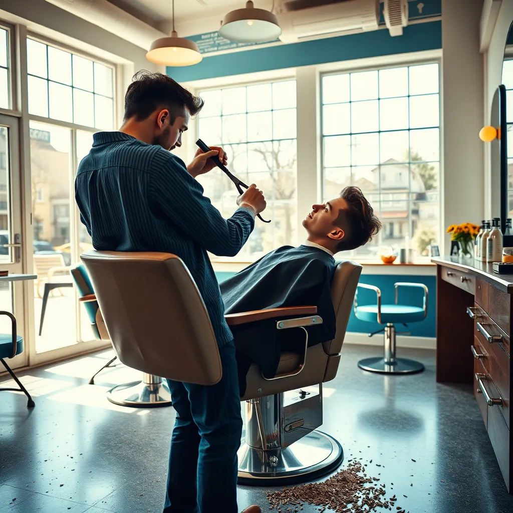 A vibrant barber shop interior where a barber is giving a trendy haircut to a young man. The scene is set with large windows allowing bright natural light to fill the space, creating an energetic atmosphere. The color palette includes bright whites and deep blues, complemented by pops of color from vintage chairs and decorations. The composition captures the barber in action, using scissors with precise movements, reflecting the art of hairstyling. A mirror in the background amplifies the dynamic view, showcasing the client's transformation. The camera perspective is slightly angled from the side, enhancing the sense of depth and focus on the haircutting process. Textures of hair clippings on the floor and the sleek wooden barber station add to the realism. Elements like shaving cream bottles and brushes neatly organized on the counter enhance the setting. The style should resonate with contemporary fashion photography, resembling the artistic approach of Alexi Lubomirski. The image should be produced in hyperrealistic quality, ensuring every hair is defined in 8K resolution.