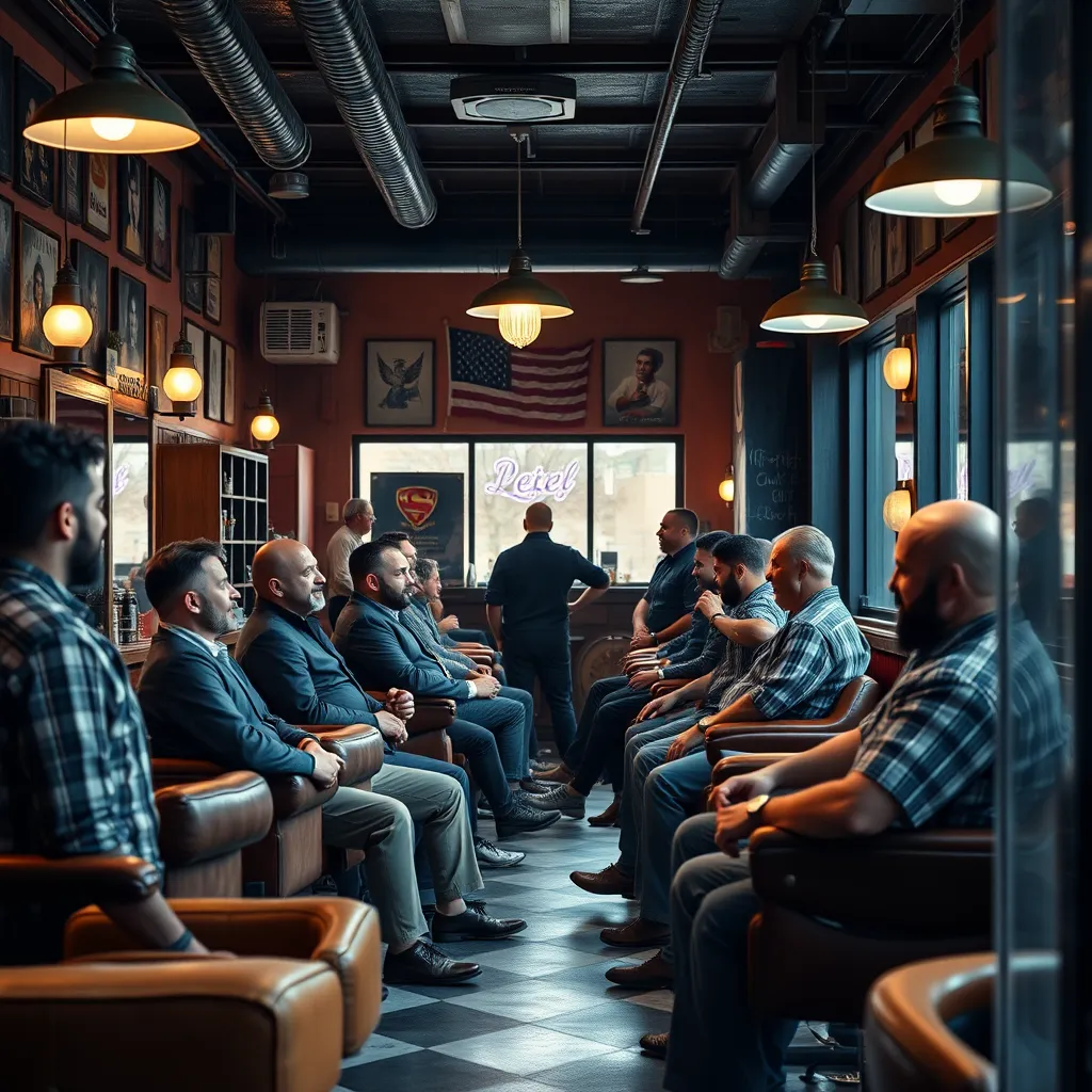 A vibrant barbershop scene showing a group of men chatting and laughing in the waiting area, while others are getting haircuts. The environment is lively and full of camaraderie, with comfortable seating and engaging conversations.