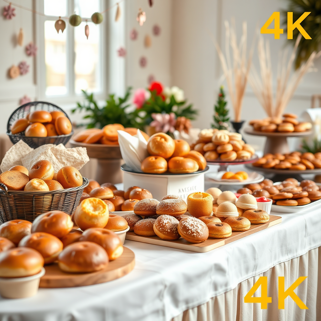 A vibrant image depicting a beautifully arranged catering table filled with an assortment of baked goods such as bread, buns, and pastries. Natural lighting enhances the colors, making the treats look irresistibly inviting. The backdrop features whimsical decorations, creating a festive atmosphere. The overall professionalism and appealing display should be highlighted in 4K resolution.