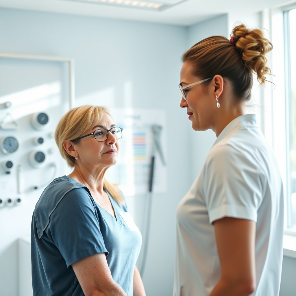 A vibrant image depicting a physiotherapist conducting a detailed patient assessment. The clinic background shines with natural light, featuring assessment tools like goniometers and health charts. The atmosphere conveys professionalism and clarity, with a focus on a supportive interaction between therapist and patient. The color palette includes soothing blues and soft whites. The camera angle captures expressions of concentration and care, showcasing the engagement in the assessment process. The style is realistic and clean.