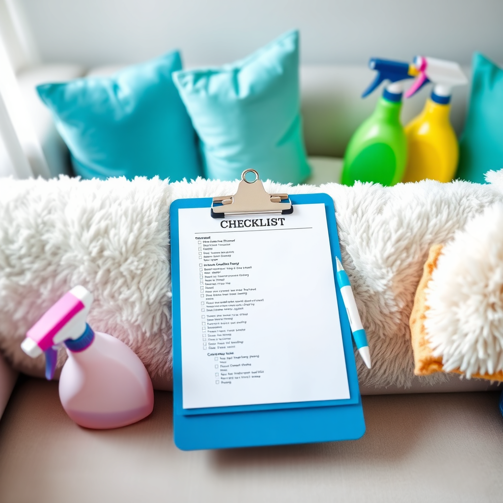 A vibrant image depicting a well-organized checklist on a clipboard laid atop a plush sofa, surrounded by cleaning supplies ready for use. The setting is bright and inviting, showcasing a sense of preparedness for seasonal cleaning. The color palette is cheerful with bright blues and whites. Technical specs: 4K resolution, high quality.