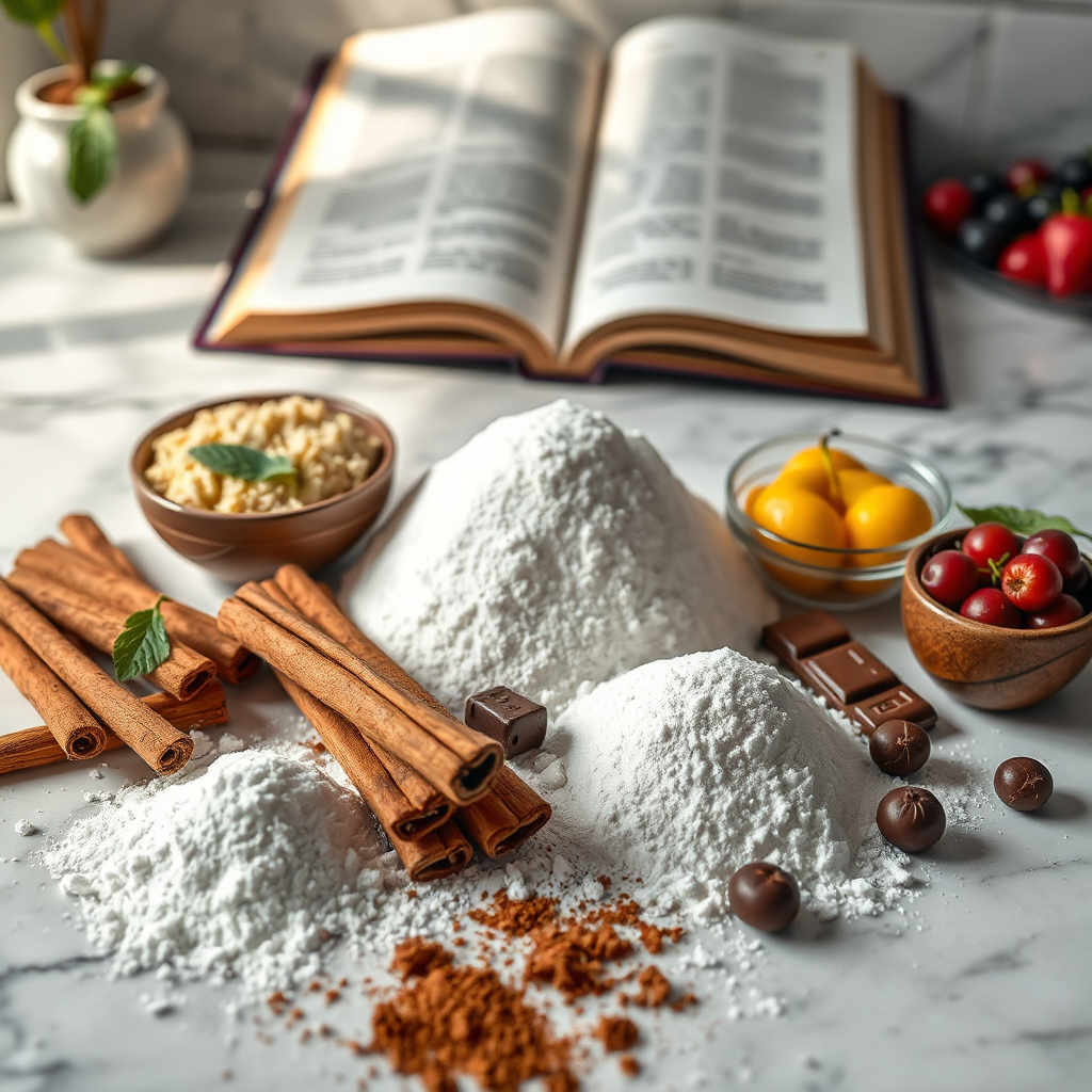 A vibrant, photorealistic image showcasing an array of ingredients like cinnamon sticks, powdered sugar, chocolate, and fresh fruits on a marble countertop, beautifully arranged with an open cookbook in the background. Soft, natural lighting highlights the texture and colors of the ingredients, creating an inviting atmosphere that represents the art of baking. The technical specs are 4K resolution, focusing on the richness of flavors.