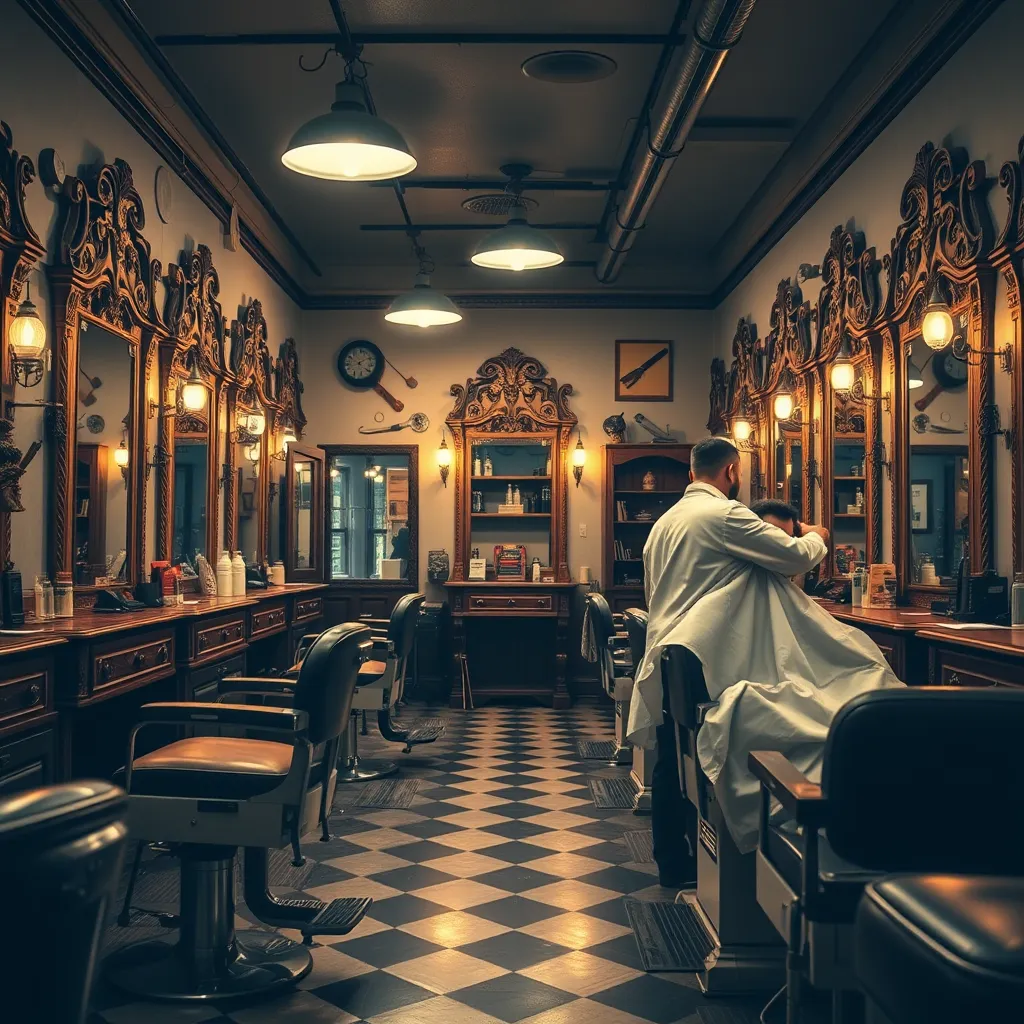 A vintage barbershop interior with classic barber chairs, ornate mirrors, and wooden shelves filled with grooming products. Soft lighting creates a warm, inviting ambiance, with a barber in a white coat attending to a client, reflecting a blend of traditional and modern styles.