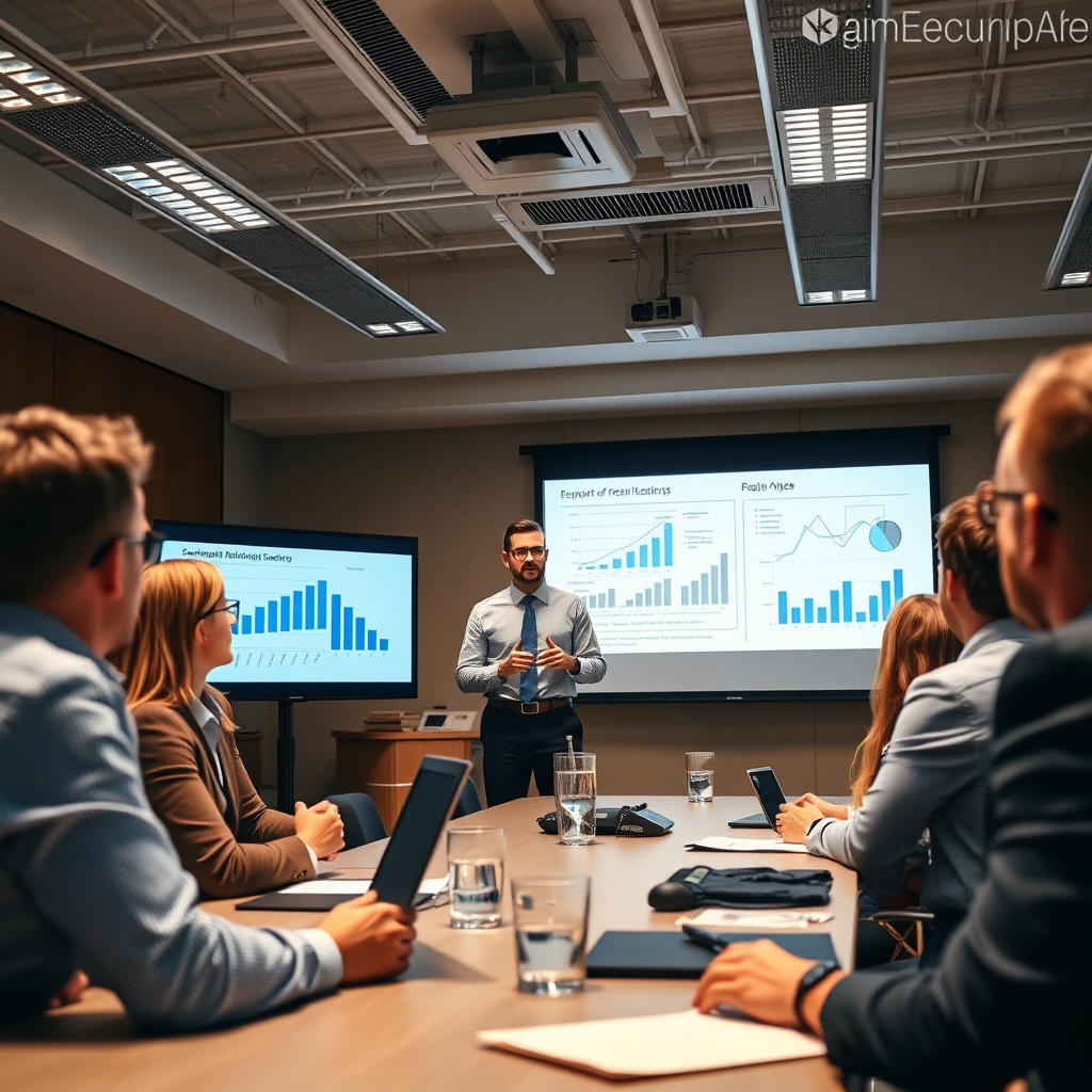 A visually compelling image features an accountant giving a presentation to a group of attentive business clients. The setting is a well-organized conference room with professional-grade equipment. Soft overhead lights illuminate the space, highlighting the charts and graphs projected on the screen, fostering an atmosphere of learning and insight. This image should capture the facial expressions of the clients, indicating intrigue and engagement, with a focus on the speaker’s confident posture.