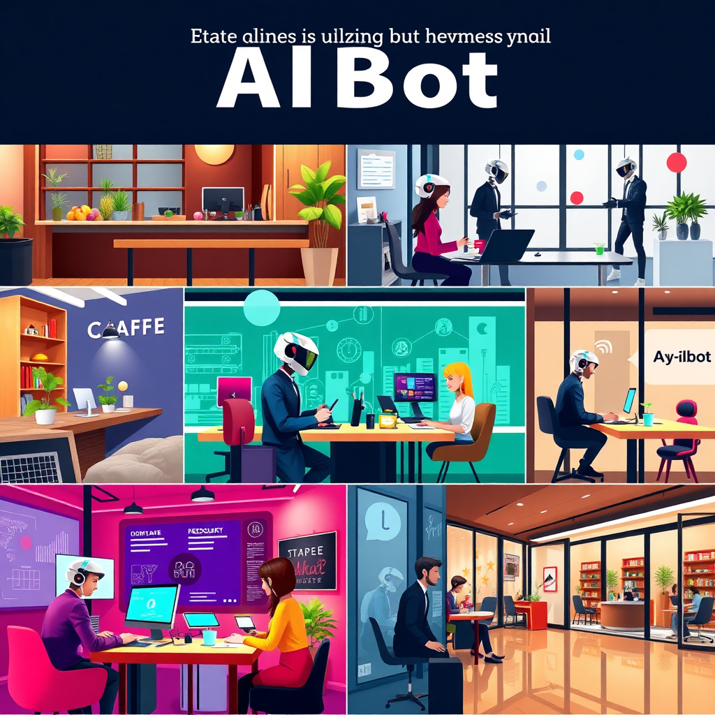 A visually engaging example of diverse businesses utilizing AI chatbot technology, depicted through a collage of dynamic mini-scenes. Each section represents different business environments like a cafe, tech startup, and corporate office, all collaborating with their chatbots. Bright splashes of color differentiate each space while maintaining a cohesive theme. The imagery should highlight how AI fits into any industry through relatable interactions. Capturing the interconnectedness of technology and trade should be emphasized in high quality to appeal to a broad audience.