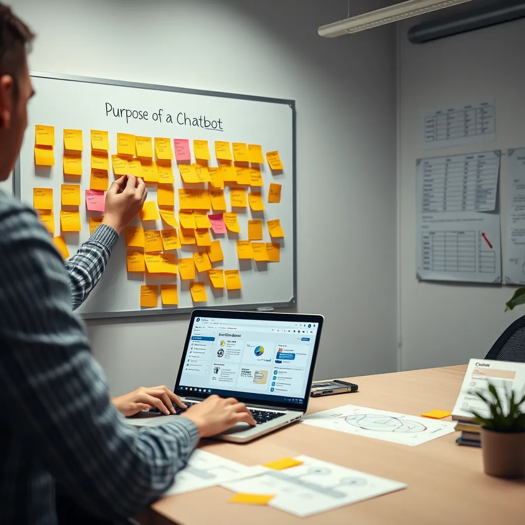 A visually engaging office scene showing a person brainstorming with sticky notes on a whiteboard, focused on defining the purpose of a chatbot. Include a laptop open to a chatbot design interface, surrounded by charts and user flow diagrams.
