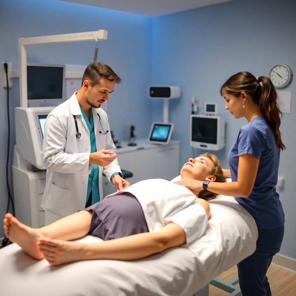 A visually informative scene depicting a patient receiving electrotherapy treatment in a clinical space. Highlight modern equipment and the professional guidance provided by the physiotherapist. The ambiance should be clean and calm, instilling confidence in treatment.