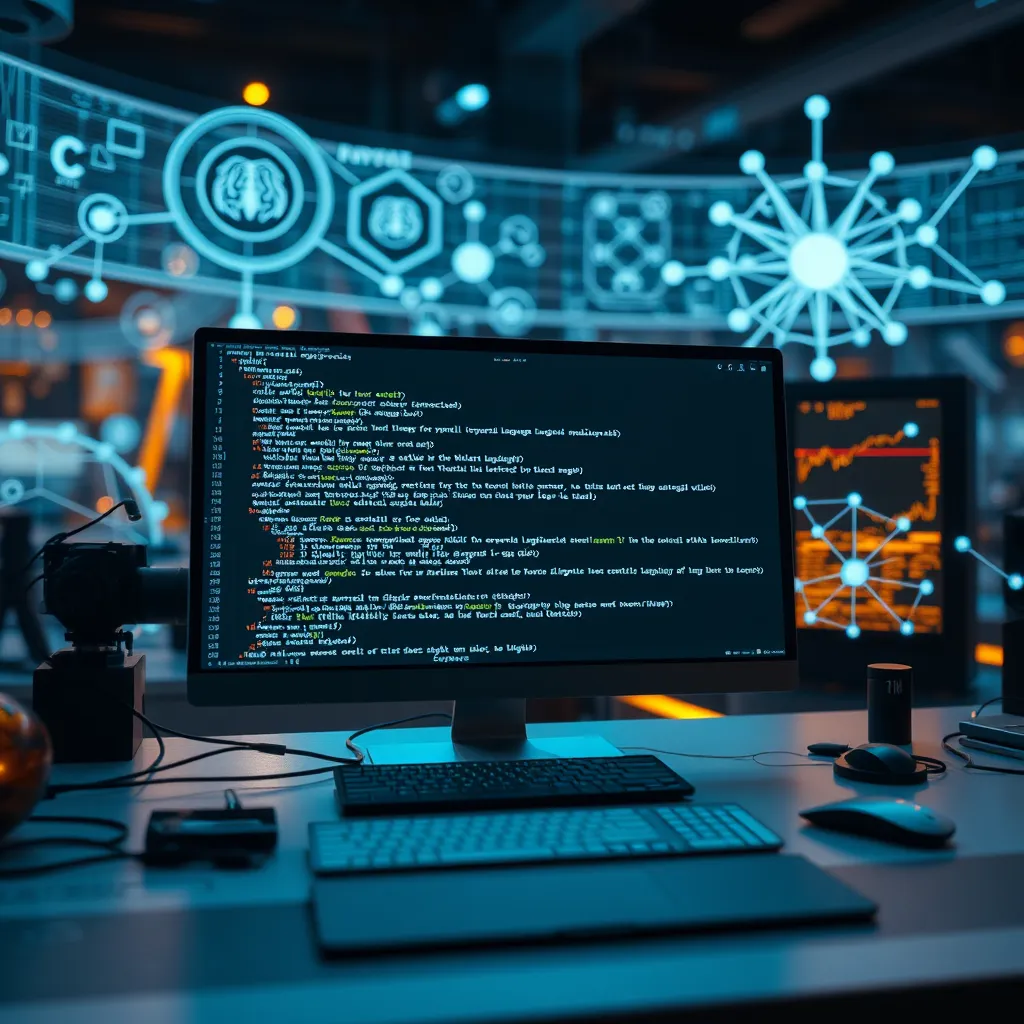 A visually striking image of a computer screen displaying code related to Natural Language Processing, surrounded by graphics of human language symbols, neural networks, and interconnected nodes, in a futuristic digital workspace with ambient lighting.
