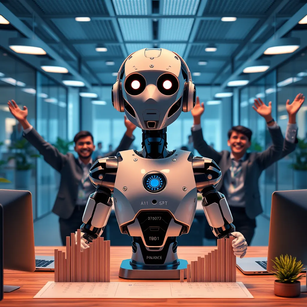 An aesthetically pleasing, photorealistic image illustrating a balance sheet with positive financial growth, depicting an AI voicebot as a central figure, and happy employees celebrating reduced operational costs in a modern office environment.