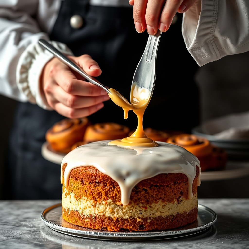 An artistic image highlighting the process of icing a cake. A baker expertly drizzles a glossy glaze over a freshly baked cake, with cinnamon buns artistically placed in the background. The light reflects off the glaze, creating a mouthwatering appearance. Vibrant colors of icing and toppings stand out against the neutral tones of the cake. The image needs to be high resolution, ideally 4K, to accentuate textures.