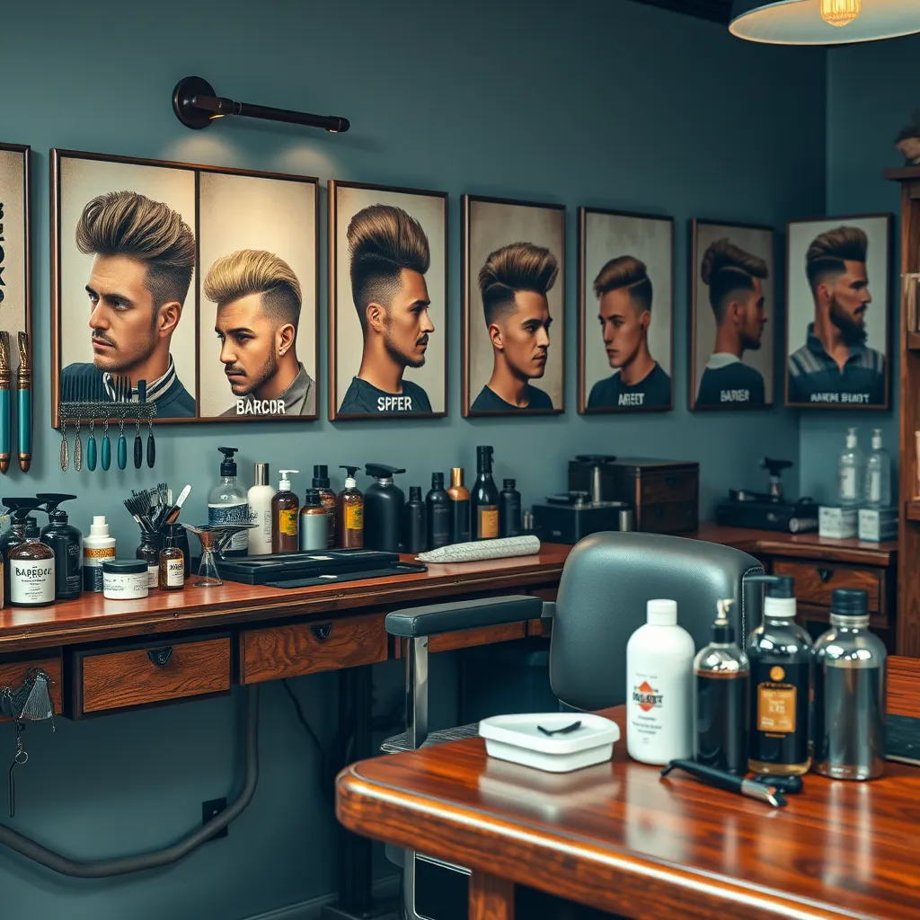 An assortment of barbering tools and products displayed on a vintage wooden counter, alongside a barber chair. Include different styles of haircuts in posters on the wall, showcasing the variety offered at the barbershop.