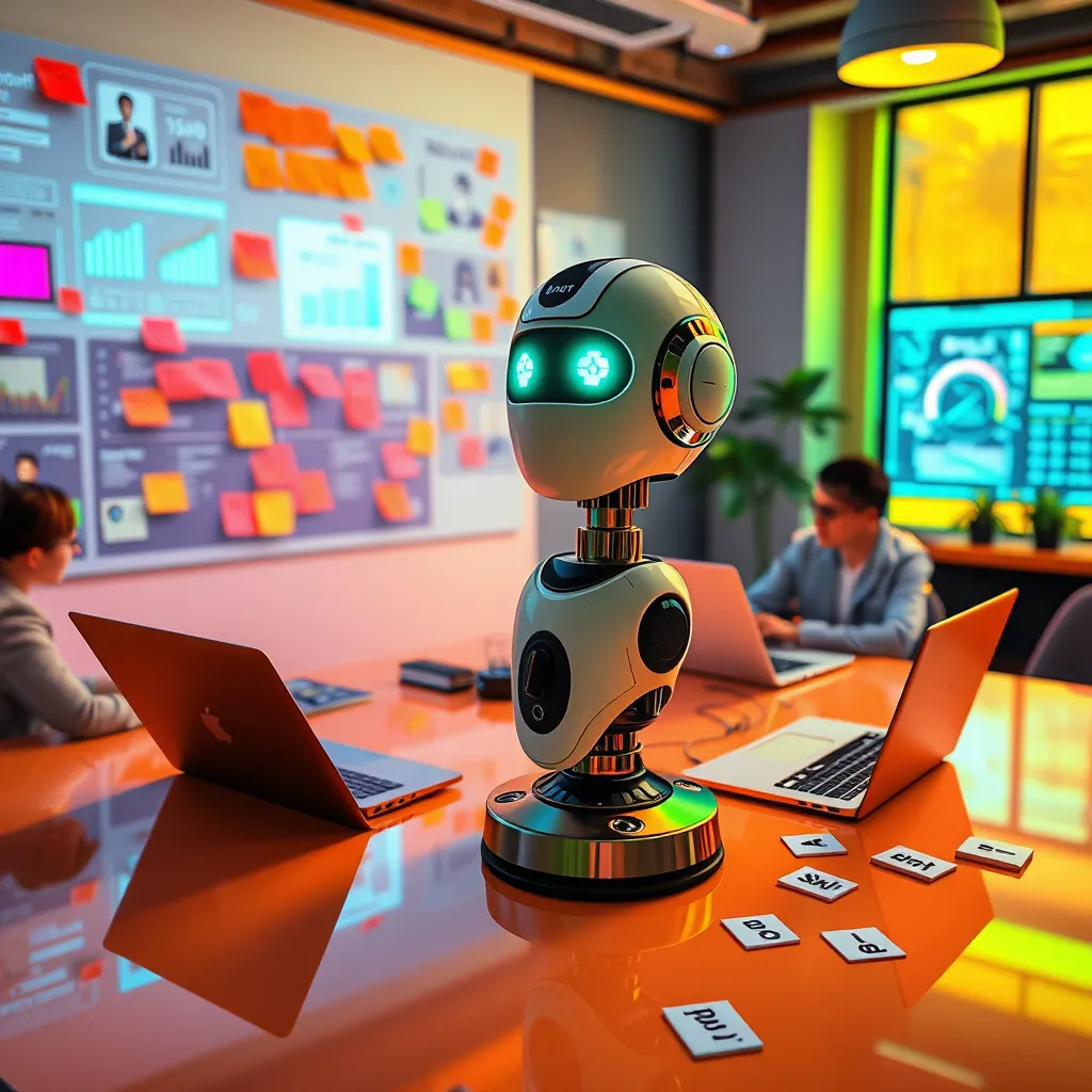 An energetic business setting depicting an AI voicebot generating leads through dynamic interaction. The scene is alive with bright, vibrant lighting that reflects an atmosphere of opportunity and innovation, using a color palette of energetic oranges and greens. Shot from a high angle, the camera captures the voicebot as the focal point, actively engaging with potential clients shown in split-screen view. Textures include glossy surfaces and digital screens full of data visuals showcasing engagement metrics. Background elements like brainstorming boards with colorful sticky notes and team members in collaboration create a sense of teamwork. Props include laptops and business cards scattered on the table, contributing to the lead generation theme. Inspired by energetic marketing visuals, the image should be ultra-detailed in 8K resolution, highlighting both the AI technology and human interactions.