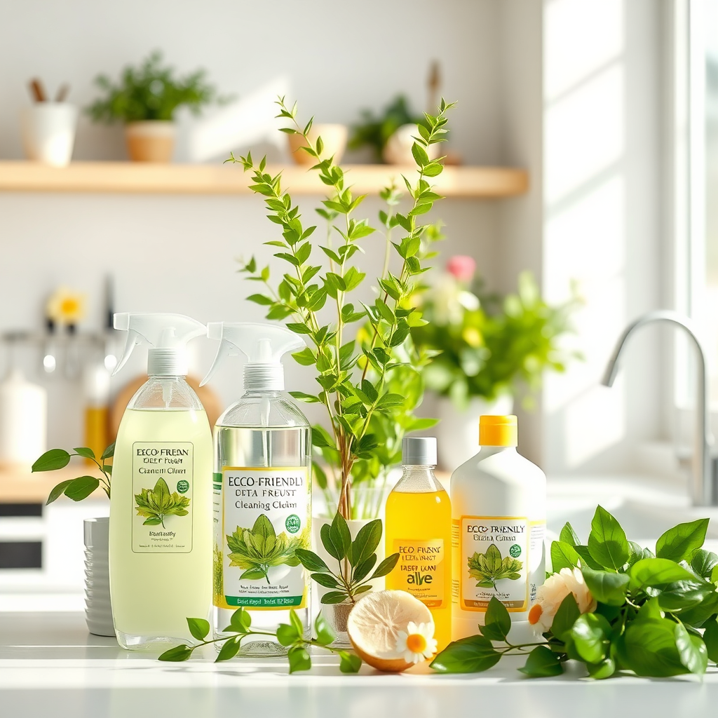 An engaging image depicting eco-friendly cleaning products displayed artfully alongside fresh plants in a clean and well-lit kitchen space. The bright, natural light creates a fresh atmosphere. Soft greens and floral accents in the background emphasize the green cleaning theme. Technical specs: 4K resolution, high quality.