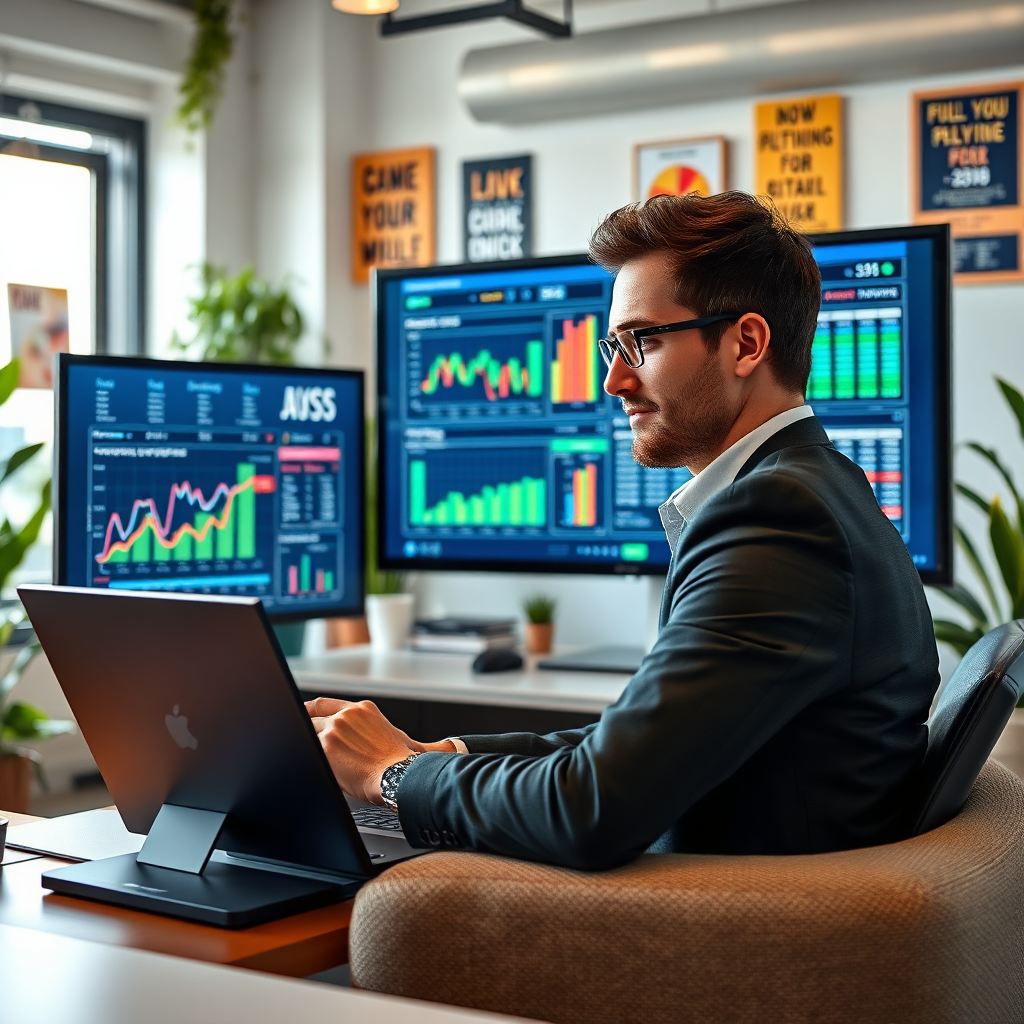 An engaging image showcasing an accountant using advanced software to analyze financial data on two large screens. The room is bright and colorful, with a modern office setting filled with lively elements like plants and motivational posters. The camera captures the accountant’s focused expression, portraying determination and skill. The texture of the modern furniture contrasts with the high-tech screens, showcasing a balance between traditional accounting and contemporary technology.