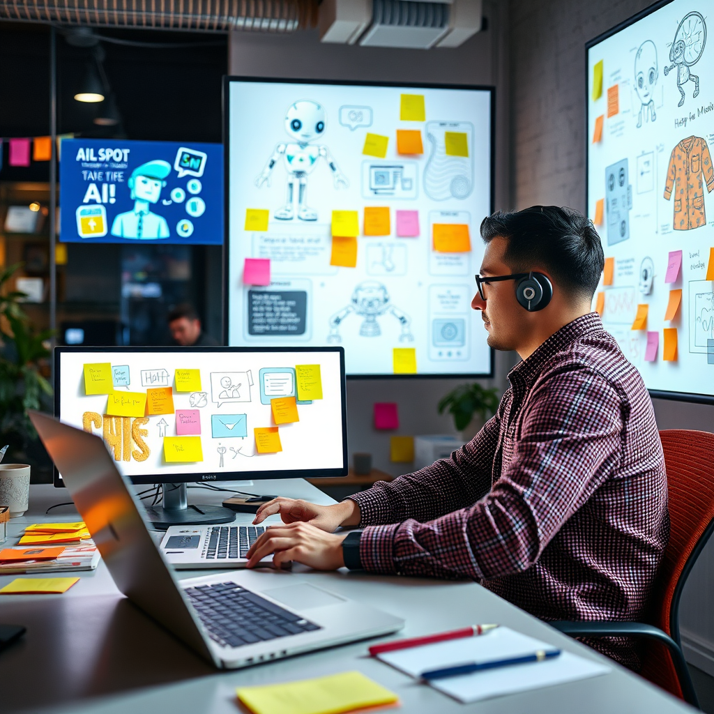 An engaging picture of a developer working on a laptop, brainstorming AI chatbot designs with digital sketches projected on screens. The work environment is modern and vibrant, filled with colorful post-it notes and brainstorming tools. Bright, focused lighting complements the high-tech feel, showcasing a creative and innovative atmosphere where ideas come to life. Elements of collaboration, like team discussions and hands-on prototyping, illustrate the development process. The image should be rendered in high-quality clarity to capture the excitement of teamwork.