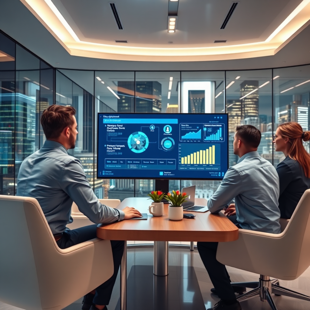 An engaging scene in a futuristic office where a digital assistant visualized on a large screen interacts with a business team. The room is sleek with modern furniture and digital displays showing real-time data analytics. Bright, focused lighting enhances the professional atmosphere while a background of glass walls reflects the bustling outside city. The camera angle should capture the teamwork and synergy among team members collaborating with the intelligent agent. This collaborative effort should feel vibrant and dynamic, created with high-resolution clarity.