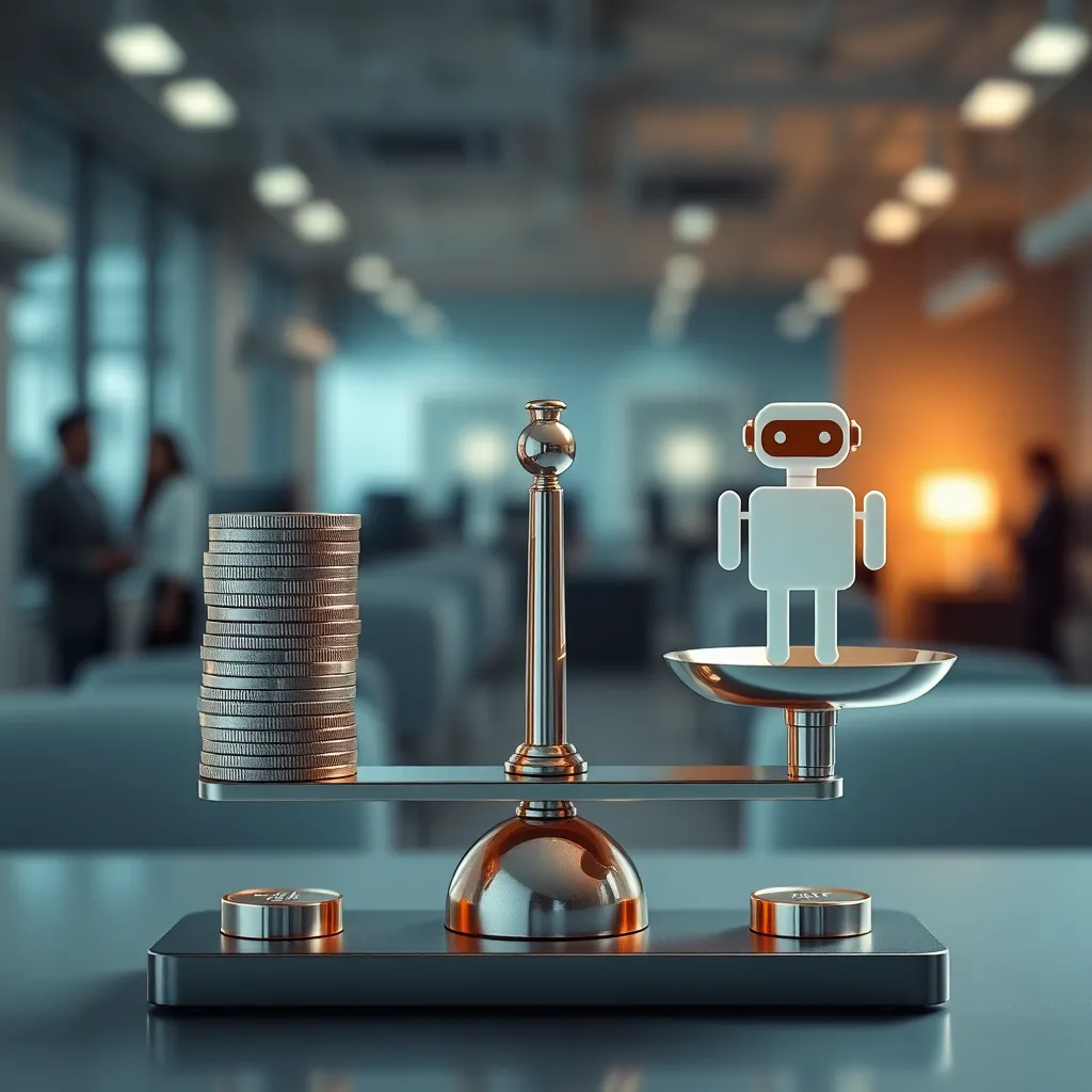 An infographic-style image depicting a balance scale, with a stack of coins on one side and an AI voicebot icon on the other, symbolizing cost-effectiveness in customer service. The background shows a busy office setting.