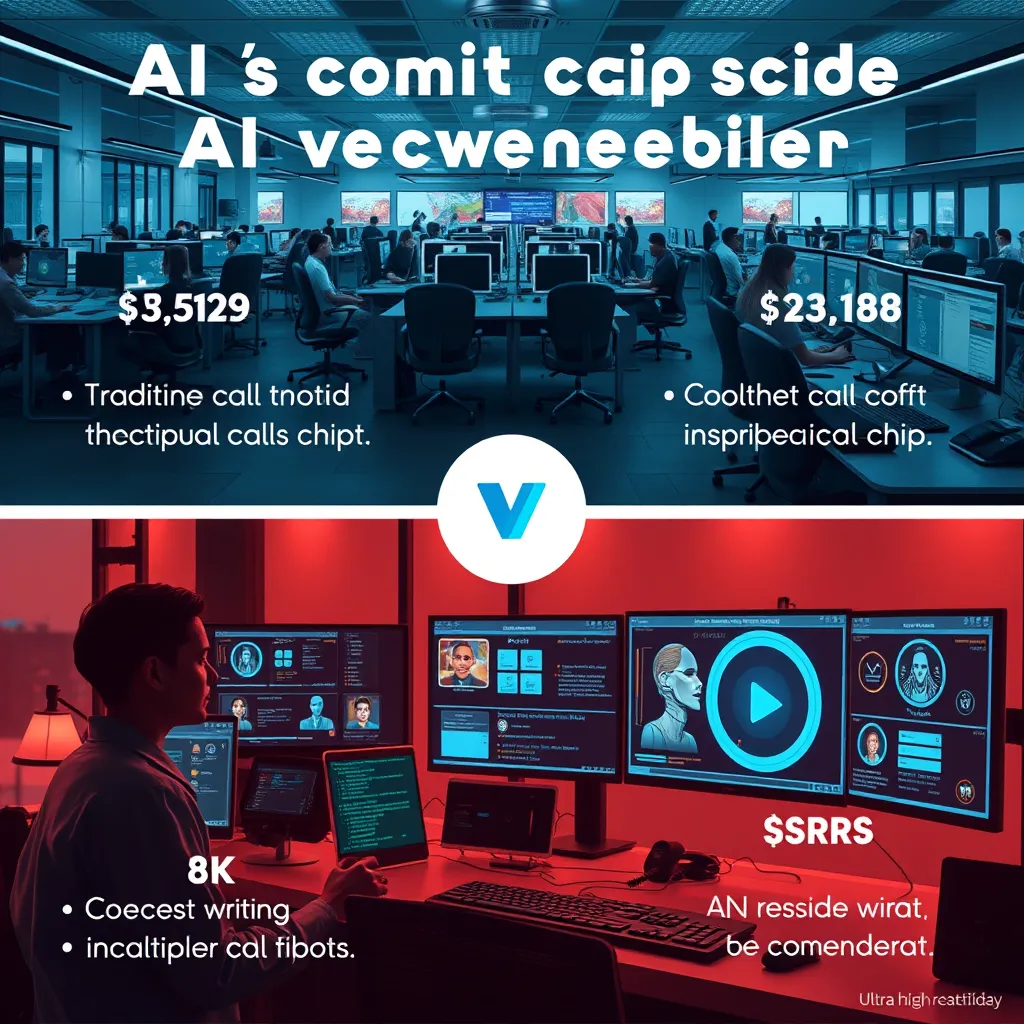 An infographic-style image showing a comparison of costs between traditional call center staffing and AI voicebot technology, with visuals of a busy call center with many agents versus a streamlined interface with a single AI system managing multiple calls.