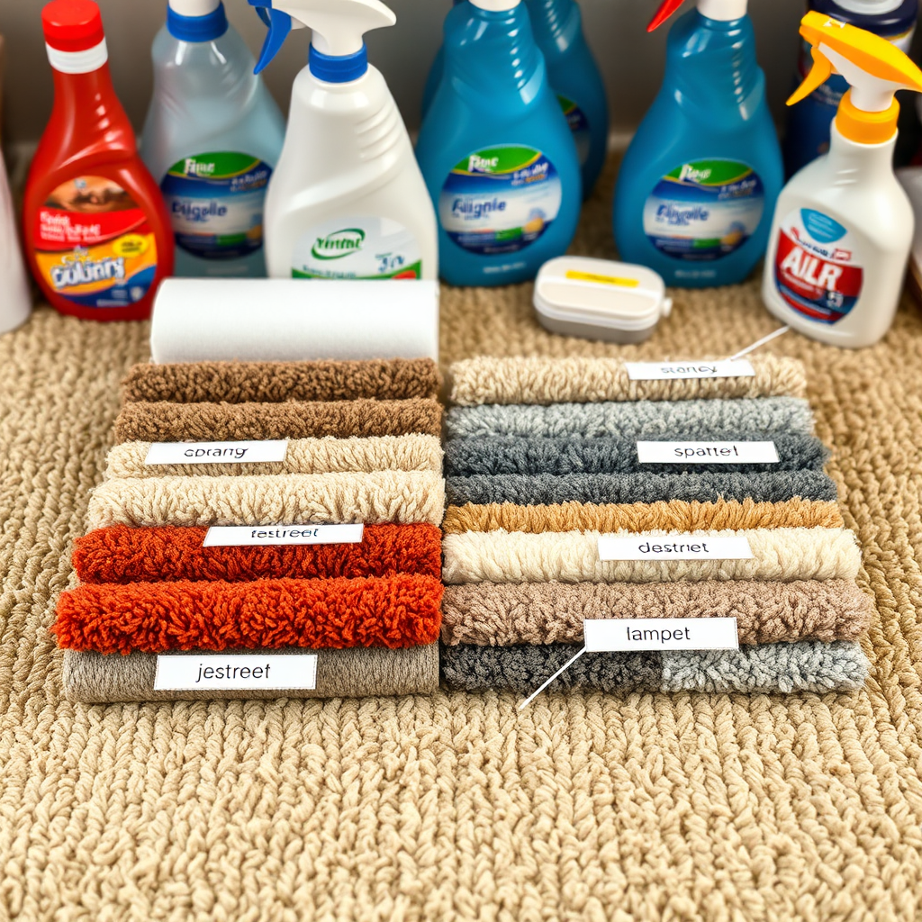 An informative image featuring different carpet types neatly laid out against a backdrop of cleaning supplies, highlighting color, texture, and material differences. Each carpet swatch is labeled with its type, showcasing a variety of patterns and colors. The warm lighting adds a cozy feel to the composition. Technical specs: 4K resolution, high quality.