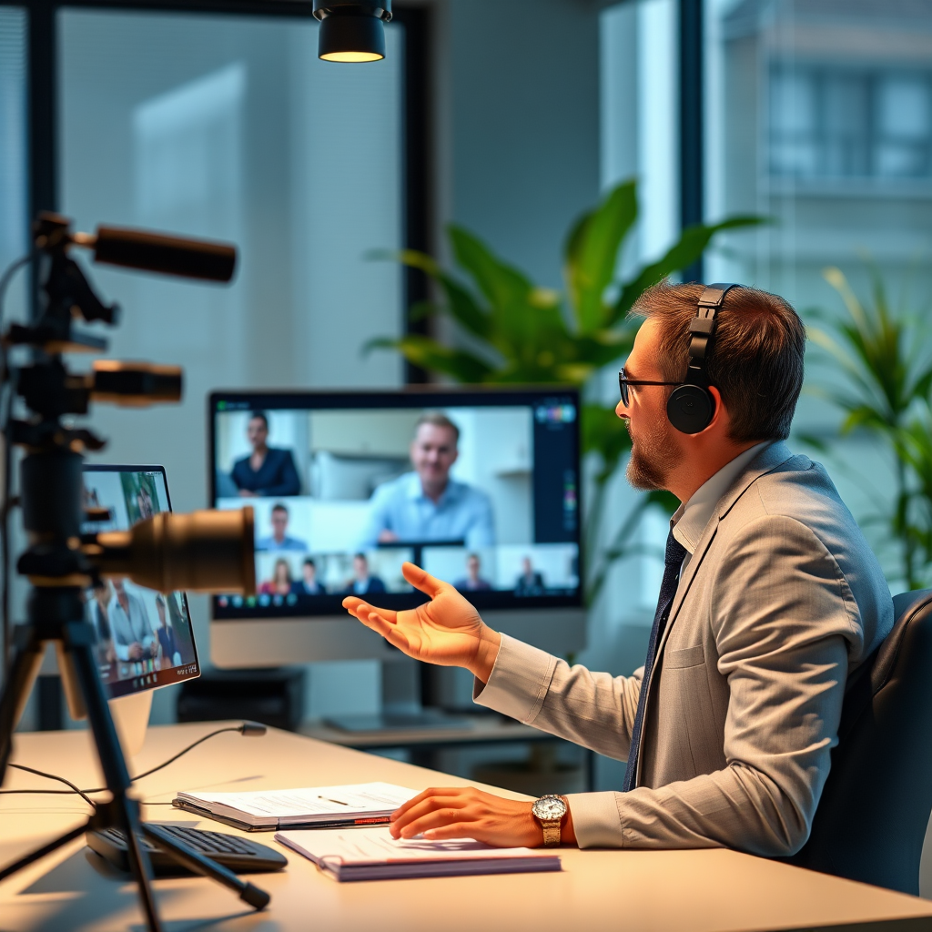 An insightful image showing an accountant giving a webinar on regulatory compliance to a virtual audience. The setting is a modern office equipped with high-tech tools for broadcasting. Soft lighting and a touch of greenery in the background lend a contemporary feel to the space. The focus should be on the accountant's engaging presentation style, enhancing the success of the learning experience for participants.