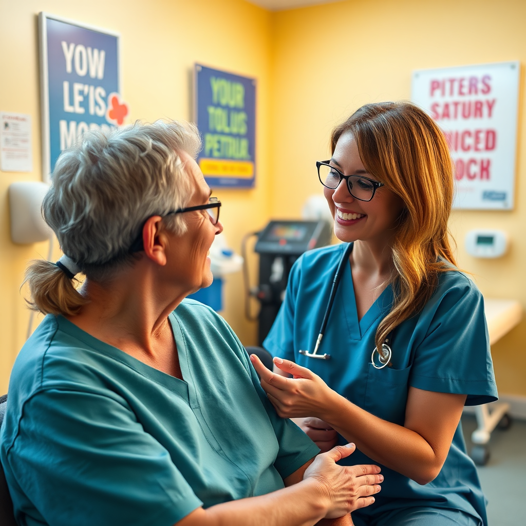An inspiring image of a patient sharing success stories post-treatment while interacting with a physiotherapist. The clinic background should be bright, featuring therapy equipment and motivational posters. Lighting should create a warm, inviting atmosphere. The color palette remains optimistic, with vibrant accents. Textures should reflect a combination of soft, comfortable surfaces and professional medical equipment. The camera angle should focus on the positivity of the interaction. The style is vivid and uplifting. Technical specs: 4K resolution.