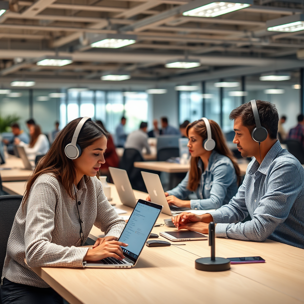 An interactive workspace where teams use voice-activated assistants to streamline communication tasks. The modern office setting with open space and collaborative zones is filled with ambient lighting. Show employees engaged with their voice devices, enhancing productivity. Focus on detailed textures, such as the sleek finish of desks and the casual attire of the workers. This practical yet comfortable work environment lets viewers appreciate how technology seamlessly integrates with daily tasks. The image should resonate with clarity, showcasing collaborative energy in high-definition.