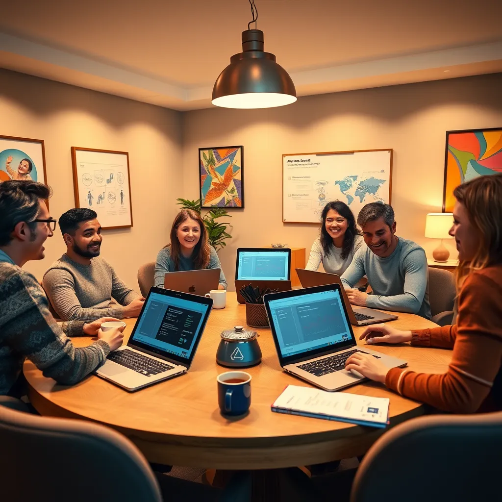 An inviting training session setting with a small group of enthusiastic team members gathered around a round table, learning about AI chatbot optimization. The room is well-lit with warm, even lighting creating a welcoming atmosphere. Participants are engaged with laptops open, displaying chatbot performance metrics. The color palette includes calming earth tones with bright accents from the laptops and coffee cups. The camera angle is intimate, capturing the expressions of curiosity and excitement on their faces. Details such as the texture of the wooden table, fabric of the chairs, and the vibrant artwork on the walls create richness. The scene is supported by props like flip charts with diagrams illustrating chatbot strategies, ensuring clarity and engagement. The image should be hyperrealistic and captured in ultra-detailed 8K resolution.