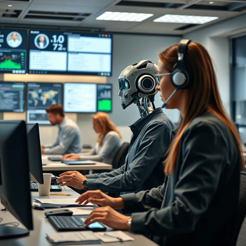 An office scene showing a team of employees focused on complex tasks while a digital representation of an AI voicebot handles multiple customer queries on screens in the background. Include financial graphs illustrating cost reduction and efficiency improvements.