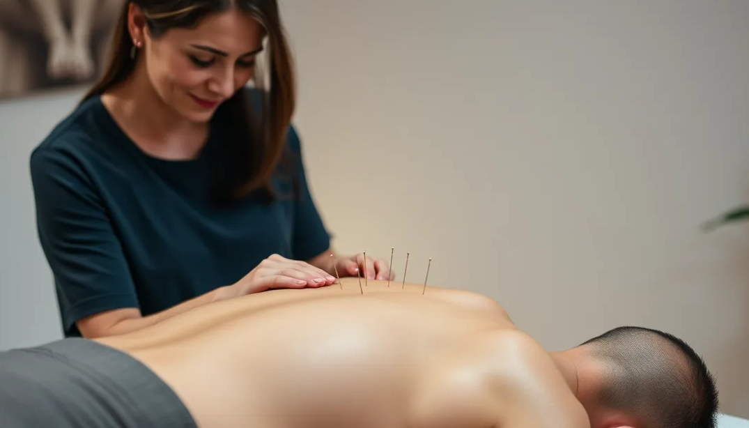 A serene acupuncture treatment room featuring a professional Asian acupuncturist gently placing fine needles into a patient's back. Soft ambient lighting, soothing colors, and traditional Chinese decor enhance the tranquil atmosphere, emphasizing relaxation and wellness.