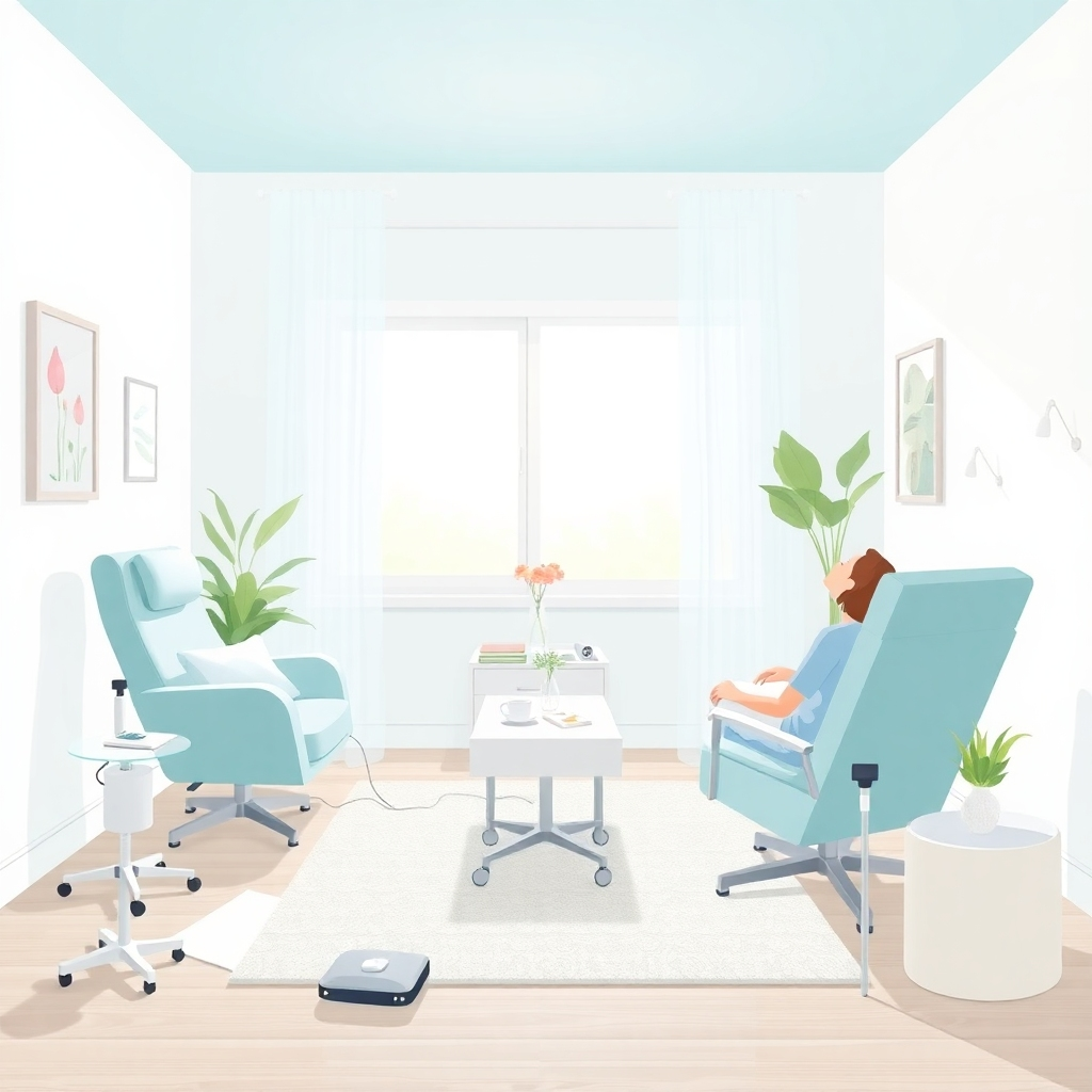 Illustrate a serene therapy room setting where a practitioner is conducting a magnetic therapy session with a client. Soft natural light floods the room, and relaxing colors like light blue and white enhance the soothing atmosphere. Ensure details like comfortable therapy chairs, magnetic devices, and calming decor contribute to the overall peaceful vibe.