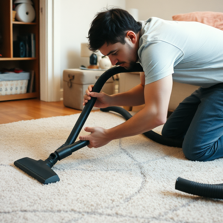 A striking image of a professional cleaner deploying advanced carpet cleaning equipment in a bright, modern living room. The focus is on the effectiveness of the tools, illustrating the difference between DIY and professional cleaning. The room appears freshly cleaned and inviting. The color palette consists of bright whites and deep blues, emphasizing cleanliness. Technical specs: 4K resolution, high quality.