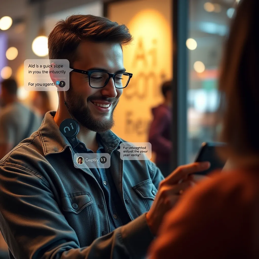 Photorealistic image of a satisfied customer using a smartphone, interacting with an AI voicebot displayed on the screen, with visual indicators of quick replies and positive engagement, illustrating the enhanced user experience.