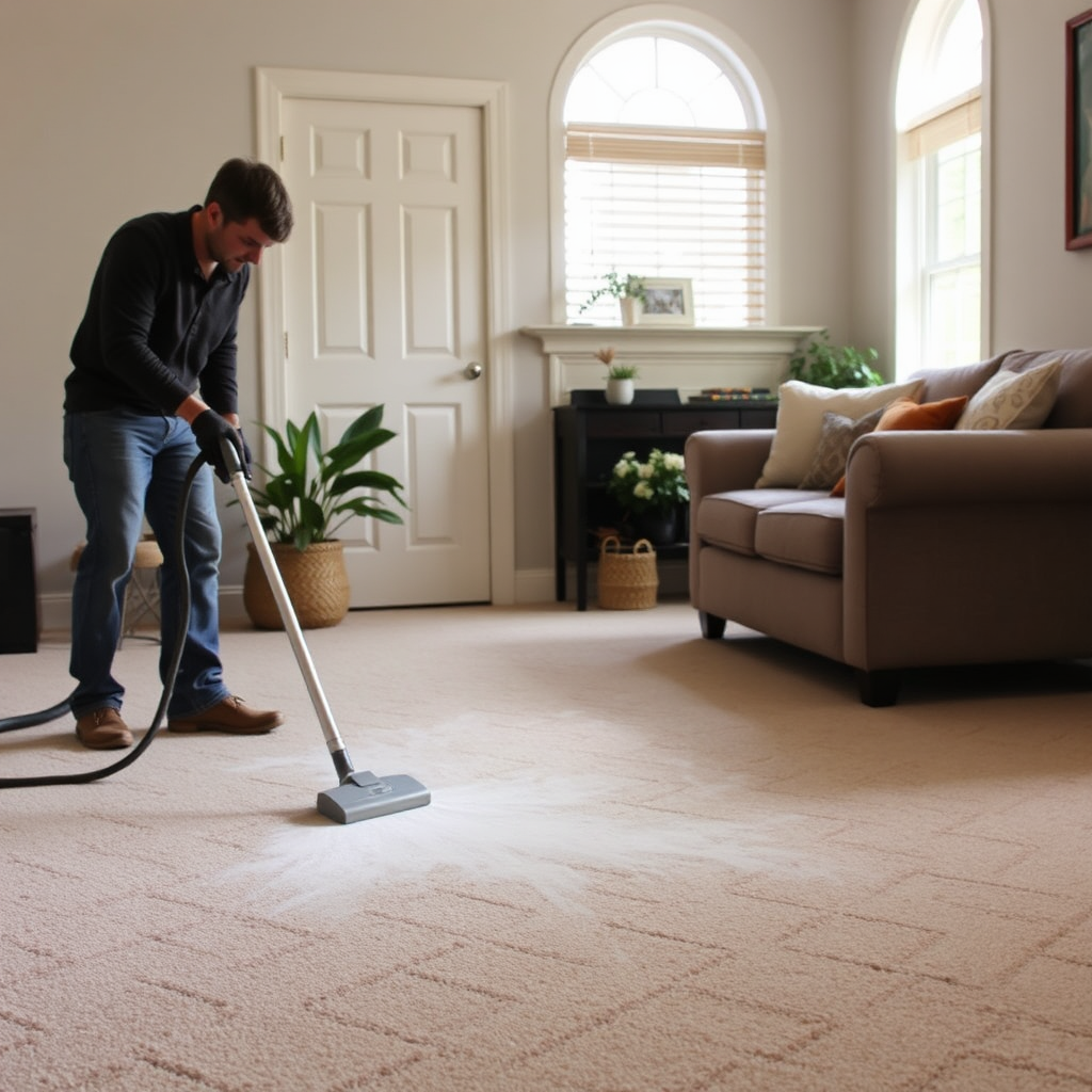 A compelling image showing a professional cleaning technician inspecting a heavily stained carpet with advanced equipment in a modern home setting. The technician looks focused and knowledgeable, emphasizing the importance of expert care for challenging stains. The room is well-lit, and a color palette of natural tones creates a welcoming scene. Technical specs: 4K resolution, high quality.