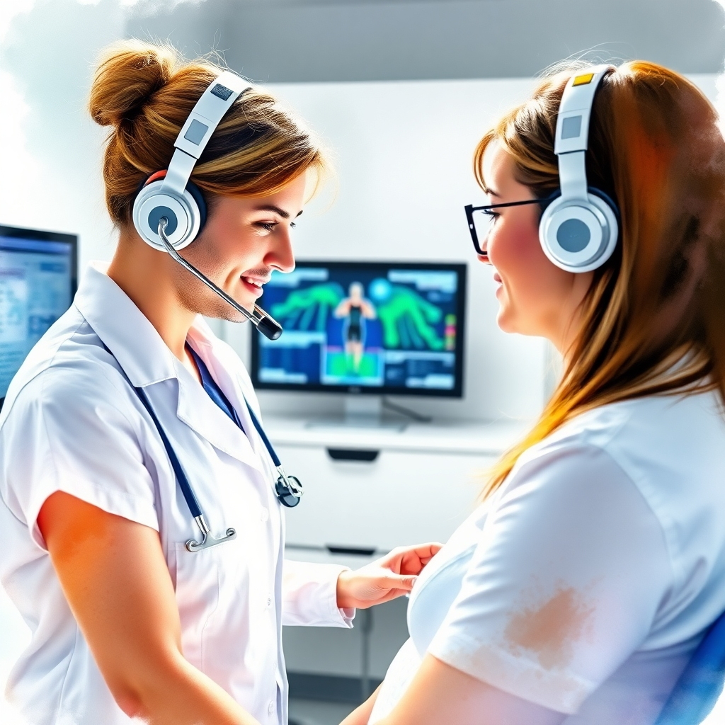 A dynamic scene portraying a physiotherapist using various techniques on a patient's shoulder. The room is bright, equipped with therapy tools, creating a professional yet welcoming atmosphere. Emphasize the interaction and the treatment process, with natural light shining through the windows, highlighting the practitioners' dedication.