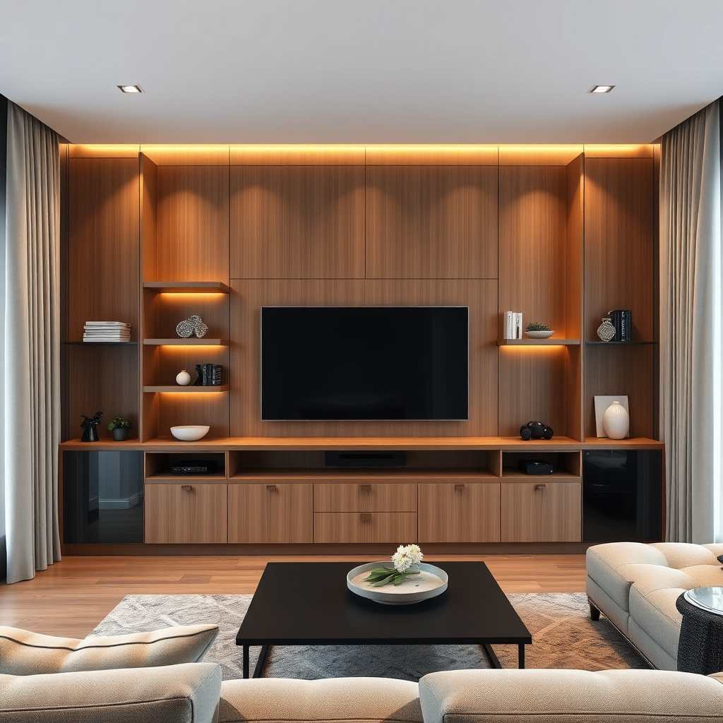 Custom TV wall unit with cabinetry and shelves