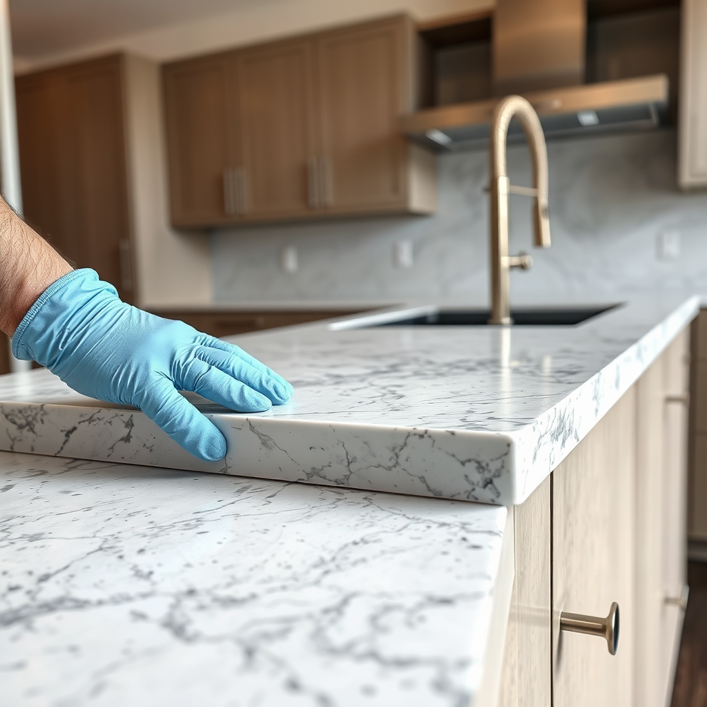 Quartz granite and synthetic stone installation in a modern kitchen with clean edges and professional finish