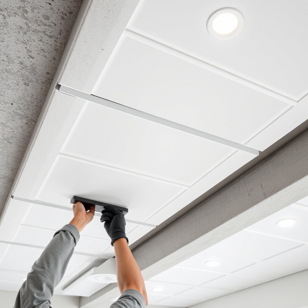 PVC ceiling installation with bright panels and clean joints in a modern interior