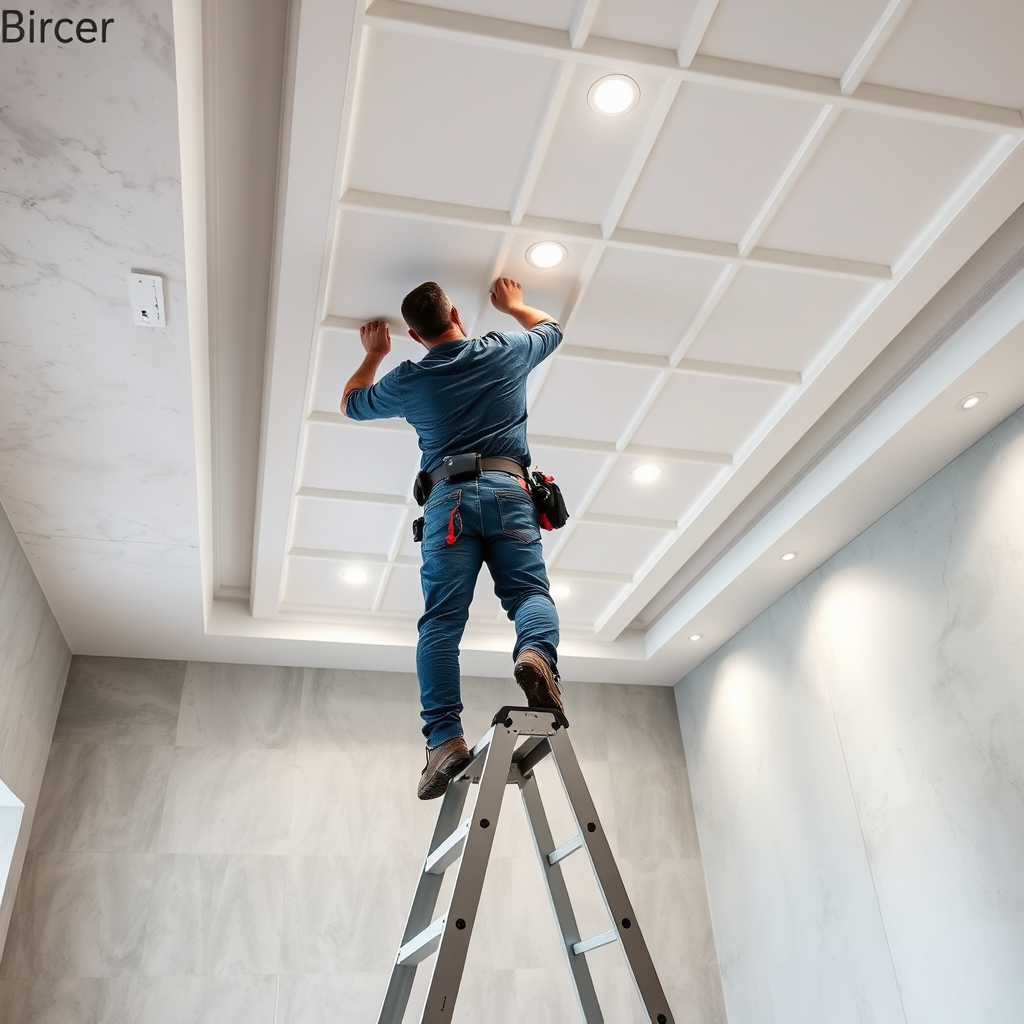 PVC ceiling installation in a bright interior with clean joints