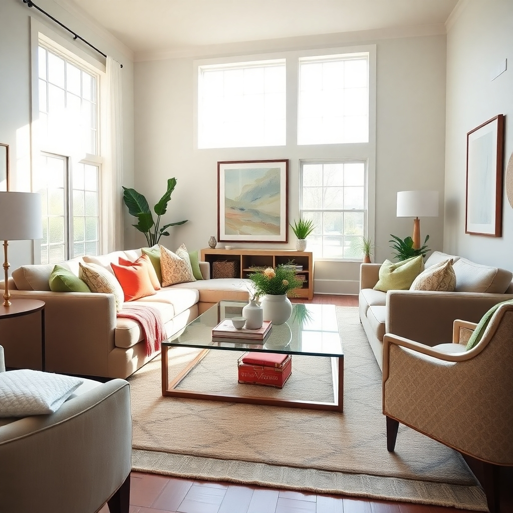 A beautifully staged living room showcasing the perfect balance of comfort and style in a Lexington home. The lighting is bright and airy, highlighting the elegant furnishings and decor. The scene features a plush sofa with colorful cushions, a glass coffee table, and tasteful artwork on the walls, creating an inviting and modern ambiance. The camera is placed at a low angle to capture the dynamic arrangement and textures. Natural elements like a few potted plants and a stylish rug add warmth and color. Sunlight streams in through large windows, illuminating the space with a soft glow. The color palette is a blend of soft pastels and neutral tones, promoting a serene and inviting mood. The image should be hyperrealistic, in 8K resolution, with intricate details in fabric and surface textures, reminiscent of the work of photographer Emily Henderson.