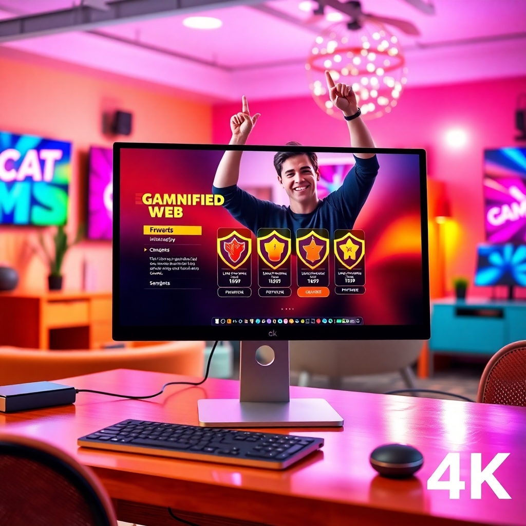 A dynamic image displaying a gamified web interface on a desktop computer with vibrant graphics and rewards shown on the screen. A young professional is seen celebrating in the background, surrounded by motivational decor. The room is brightly lit with energetic colors reflecting creativity. The texture details of furniture and screens amplify the atmosphere of fun and engagement. Style references include modern workspace design. Technical specs: 4K resolution, high quality.