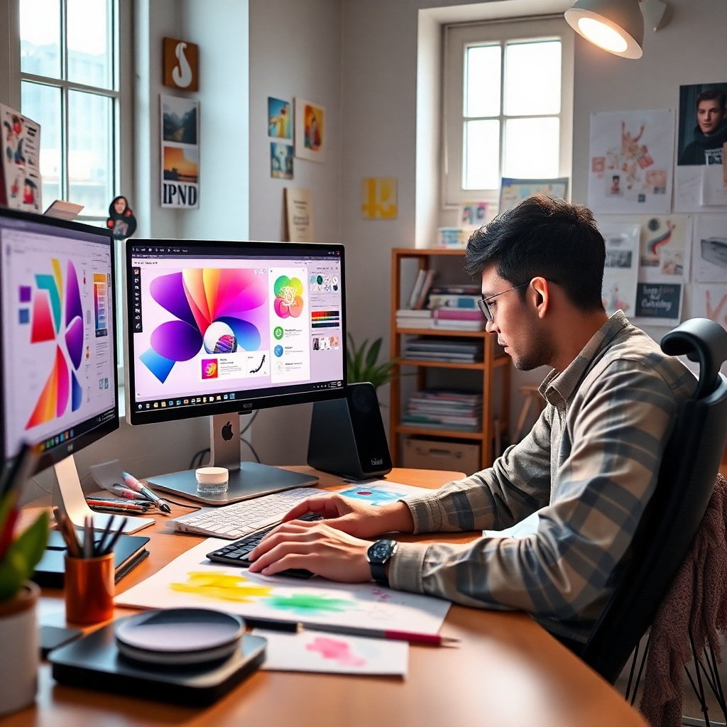 A photorealistic image depicting a designer at work, surrounded by colorful sketches and design software on the computer screen. The workspace is bright with inspirational design elements pinned on the walls. Soft light from a nearby window illuminates the scene. The atmosphere is creative and focused, showcasing the designer's passion for aesthetics. The color palette includes vibrant colors of design materials. Style references include creative studios. Technical specs: 4K resolution, high quality.