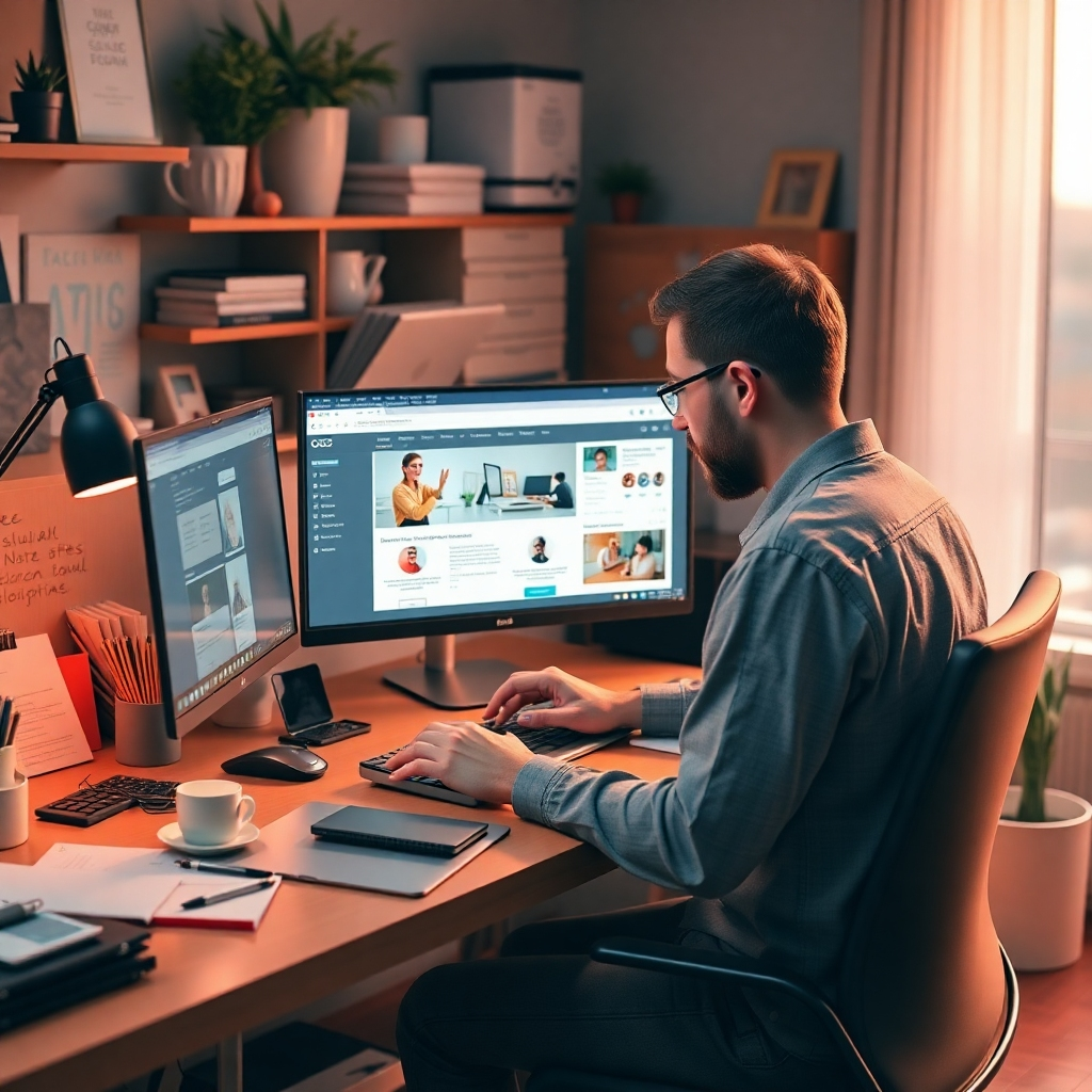 A photorealistic image depicting a web designer crafting an accessible website, enriched with visual aids and adaptive tools on their workstation. The workspace has a focus on inclusivity, featuring a variety of user-friendly materials. Warm lighting and a curated environment foster creativity and focus. The color palette supports clarity and ease of access. Style references include inclusive design. Technical specs: 4K resolution, high quality.