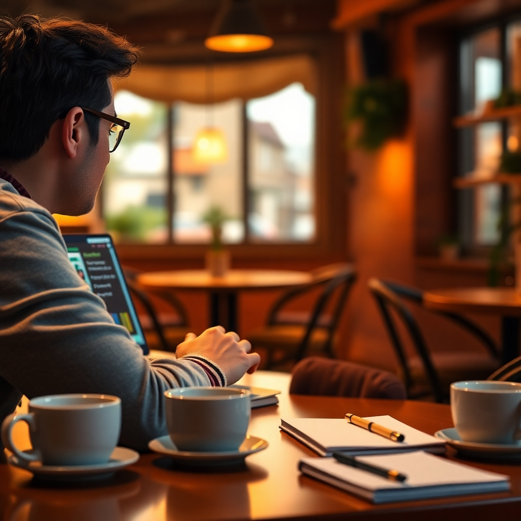 A photorealistic image featuring a person engaging with an interactive online quiz on a laptop. The background shows a cozy café setting, with warm lighting creating a relaxed ambiance. The screen displays colorful interactive elements, drawing attention. Props include coffee cups and notebooks on the table, signifying a casual yet focused environment. The color palette is warm and inviting. Style references include lifestyle photography. Technical specs: 4K resolution, high quality.